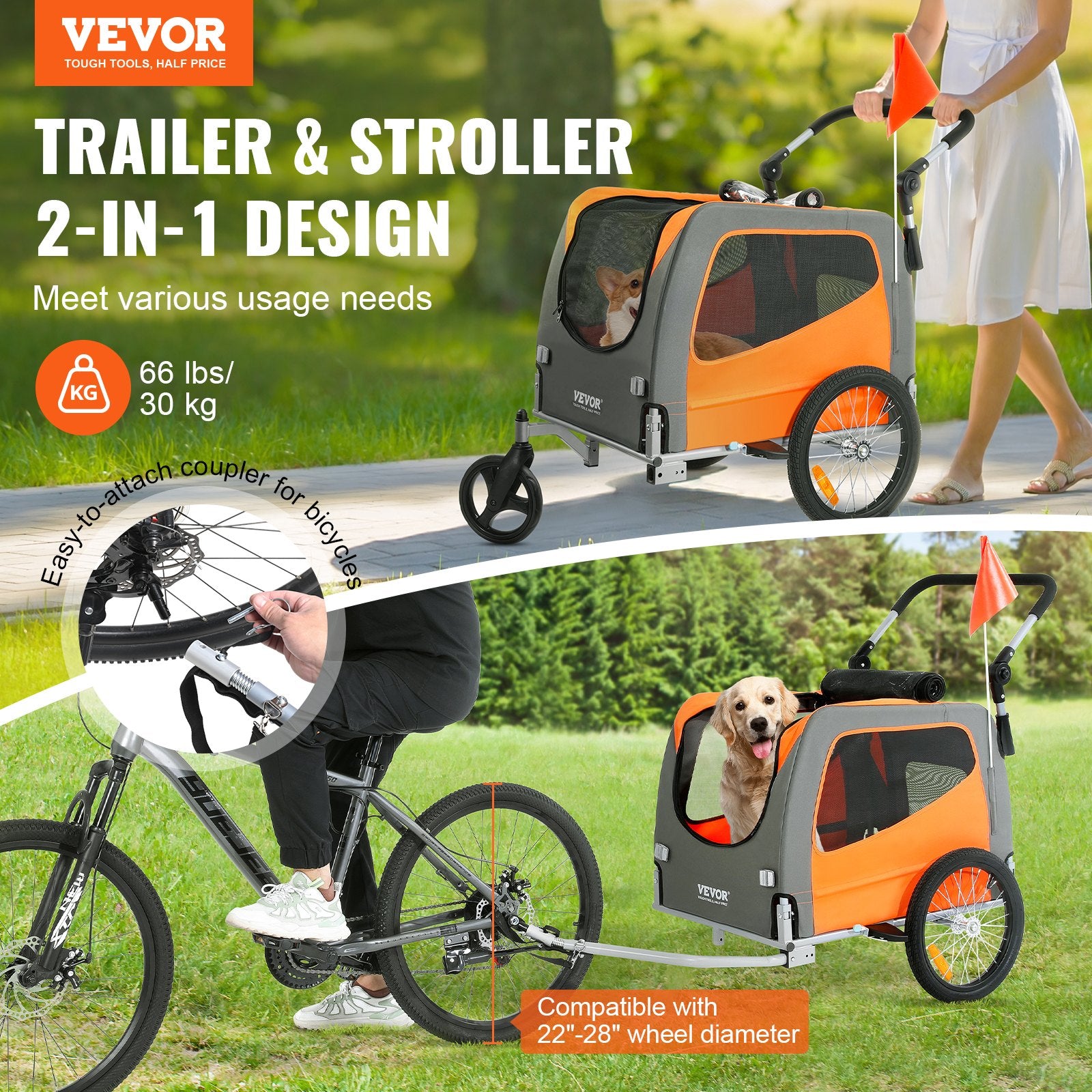 Dog Bike Trailer, Supports Up To 66 Lbs, 2-in-1 Pet Stroller Cart Bicycle Carrier, Easy Folding Cart Frame With Quick Release Wheels, Universal Bicycle Coupler, Reflectors, Flag, Orange/Gray - Image 4