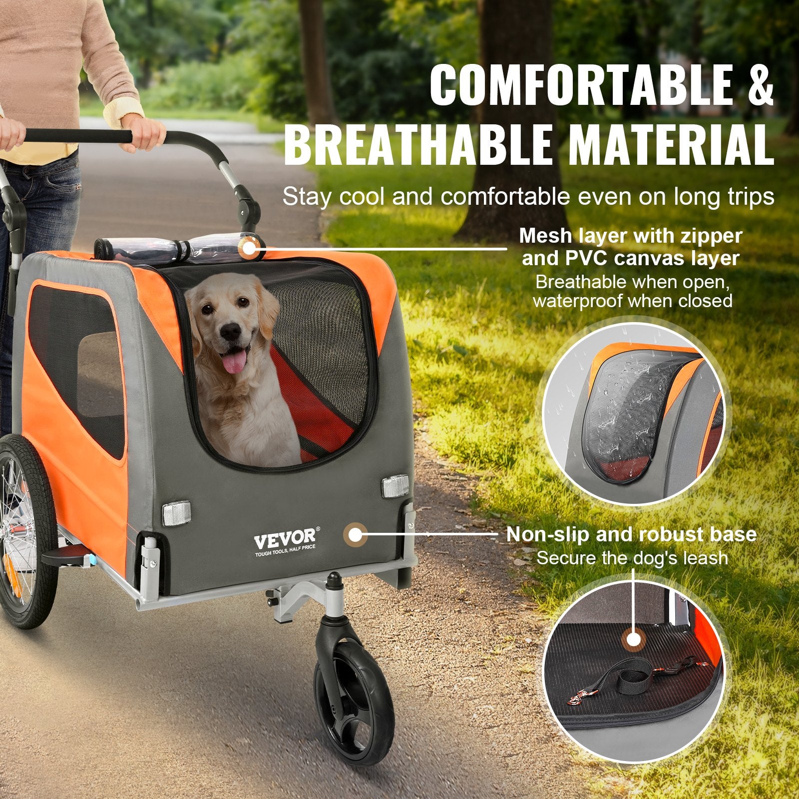 Dog Bike Trailer, Supports Up To 66 Lbs, 2-in-1 Pet Stroller Cart Bicycle Carrier, Easy Folding Cart Frame With Quick Release Wheels, Universal Bicycle Coupler, Reflectors, Flag, Orange/Gray - Image 5