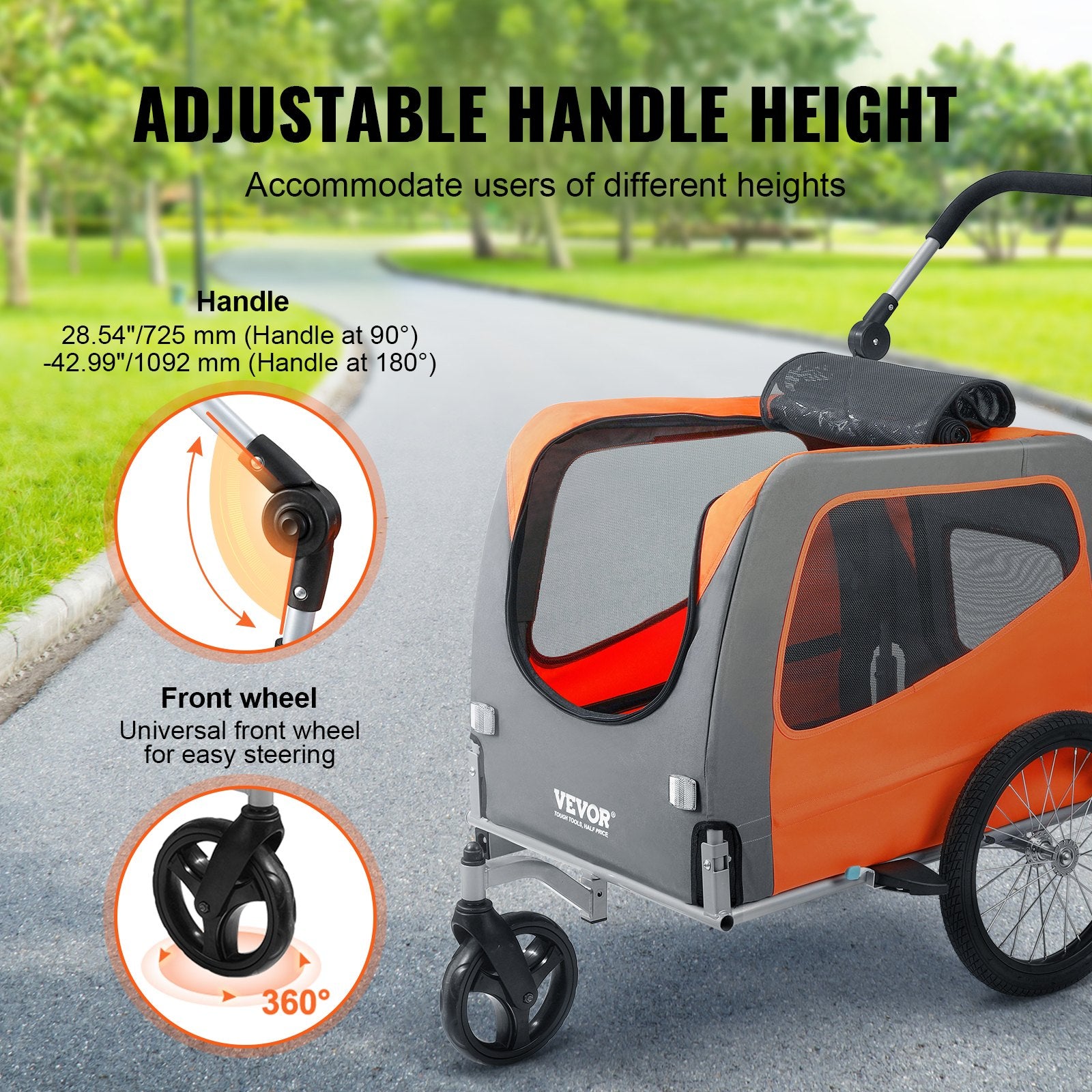 Dog Bike Trailer, Supports Up To 66 Lbs, 2-in-1 Pet Stroller Cart Bicycle Carrier, Easy Folding Cart Frame With Quick Release Wheels, Universal Bicycle Coupler, Reflectors, Flag, Orange/Gray - Image 2
