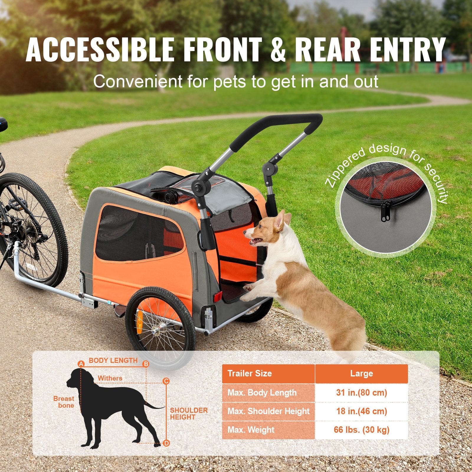 Dog Bike Trailer, Supports Up To 66 Lbs, 2-in-1 Pet Stroller Cart Bicycle Carrier, Easy Folding Cart Frame With Quick Release Wheels, Universal Bicycle Coupler, Reflectors, Flag, Orange/Gray - Image 3